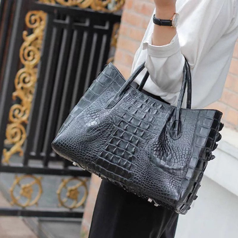 Crocodile leather Tote, Black 'Karen'