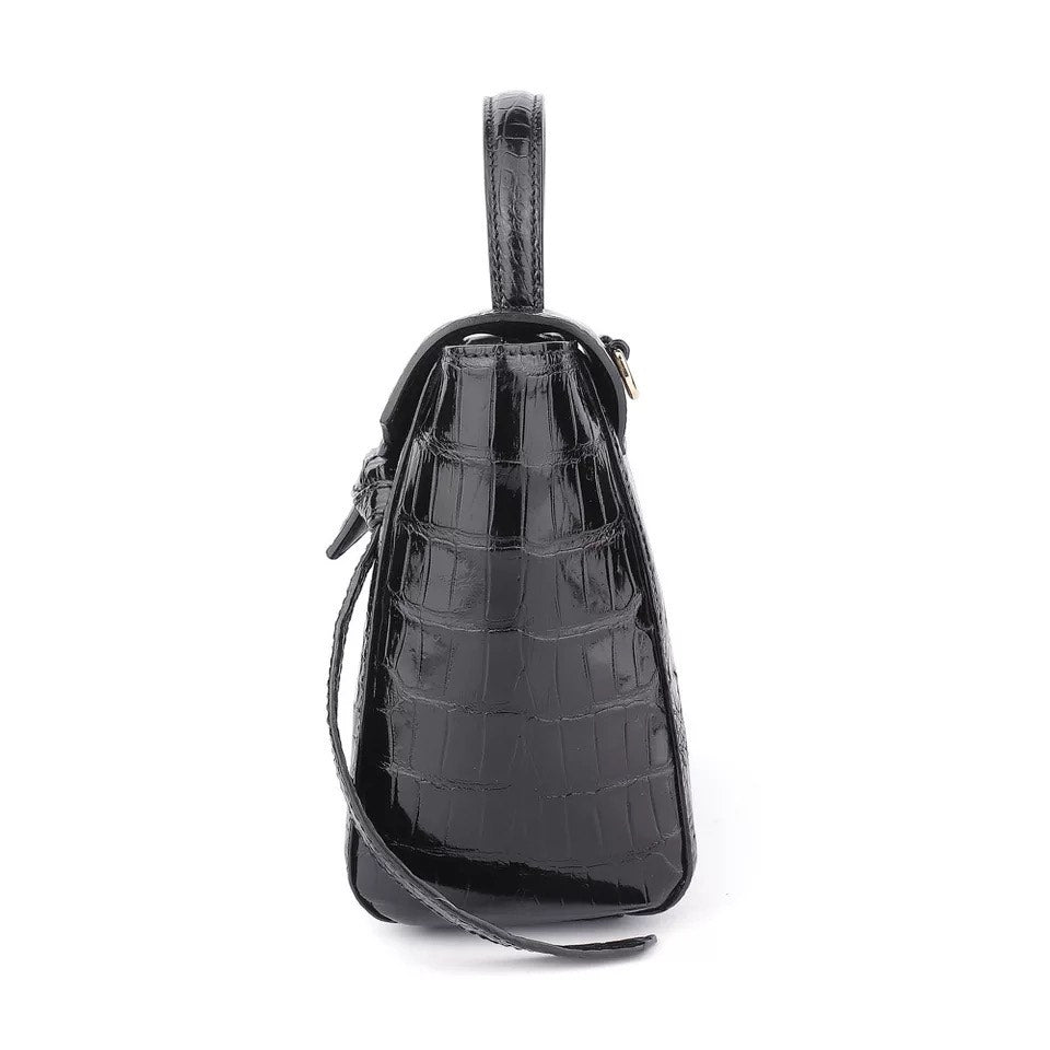 Crocodile leather Tote, Black Main