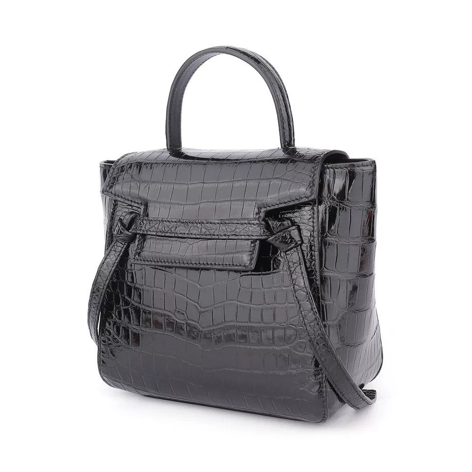 Crocodile leather Tote, Black Main
