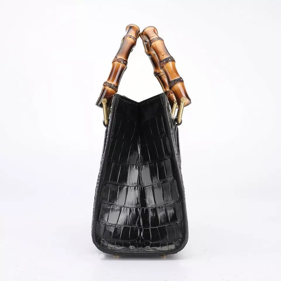 Crocodile leather tote, Bamboo black, Jade