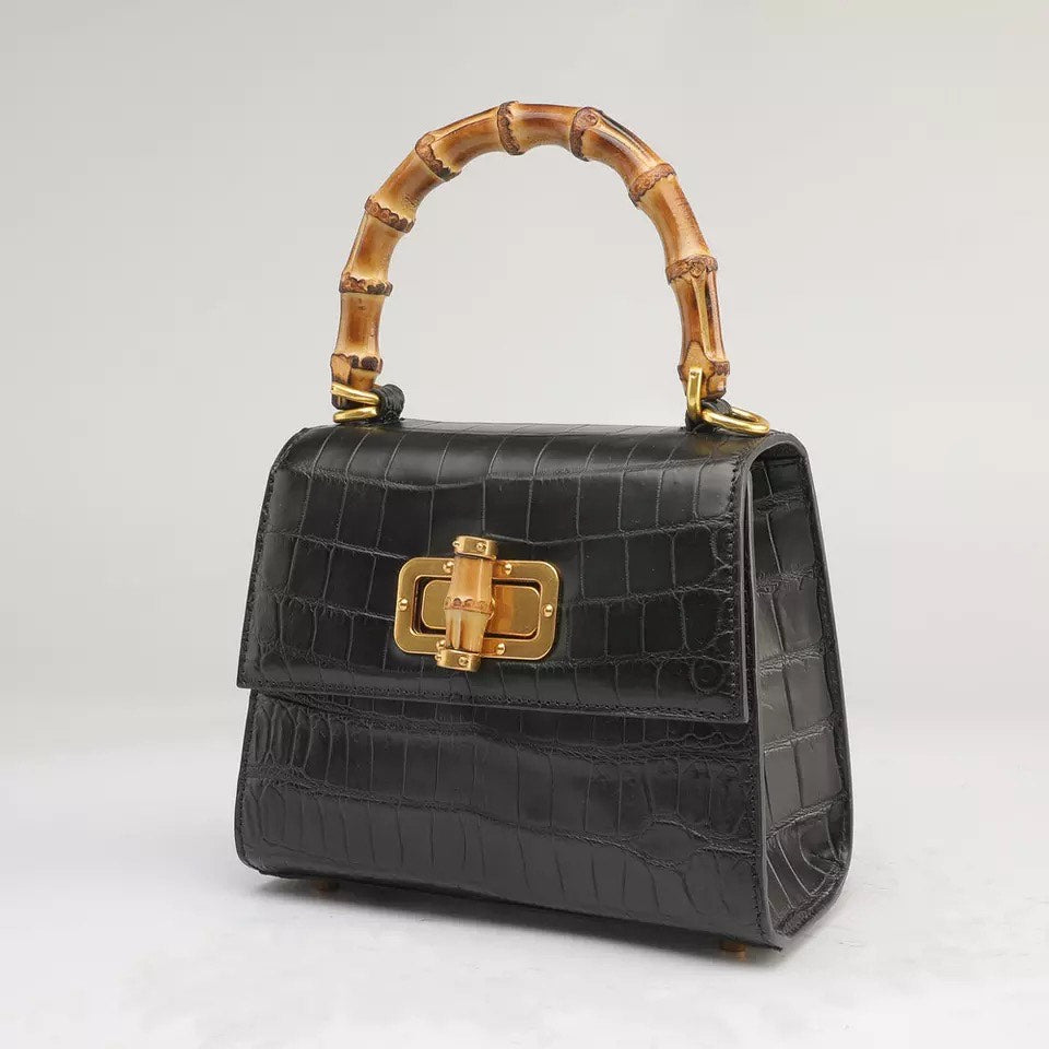 Crocodile leather Handbag, Bamboo black' Doll'