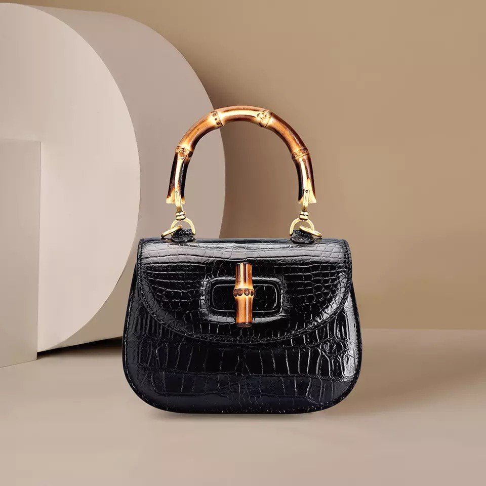 Crocodile leather Handbag, Bamboo black 'Baby'