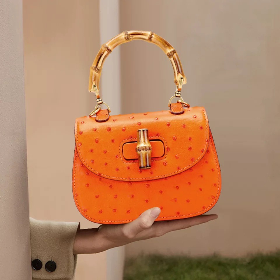 Oistrich leather Handbag, Bamboo Orange 'Baby'