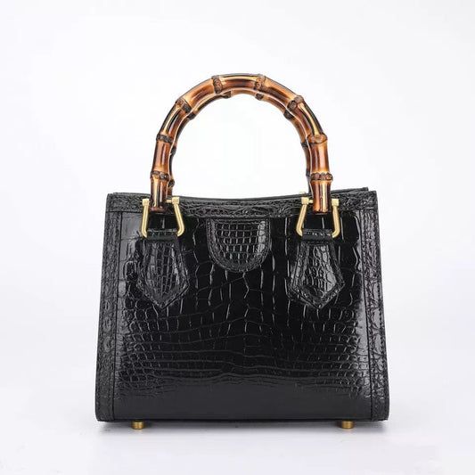 Crocodile leather tote, Bamboo black, Jade