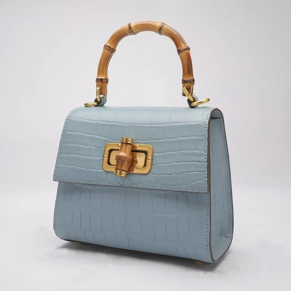Crocodile leather Handbag, Bamboo Sand Blue 'Doll'