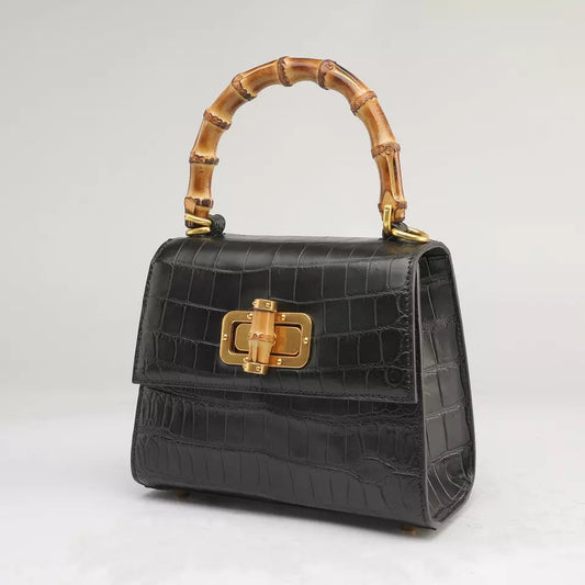 Crocodile leather Handbag, Bamboo black' Doll'